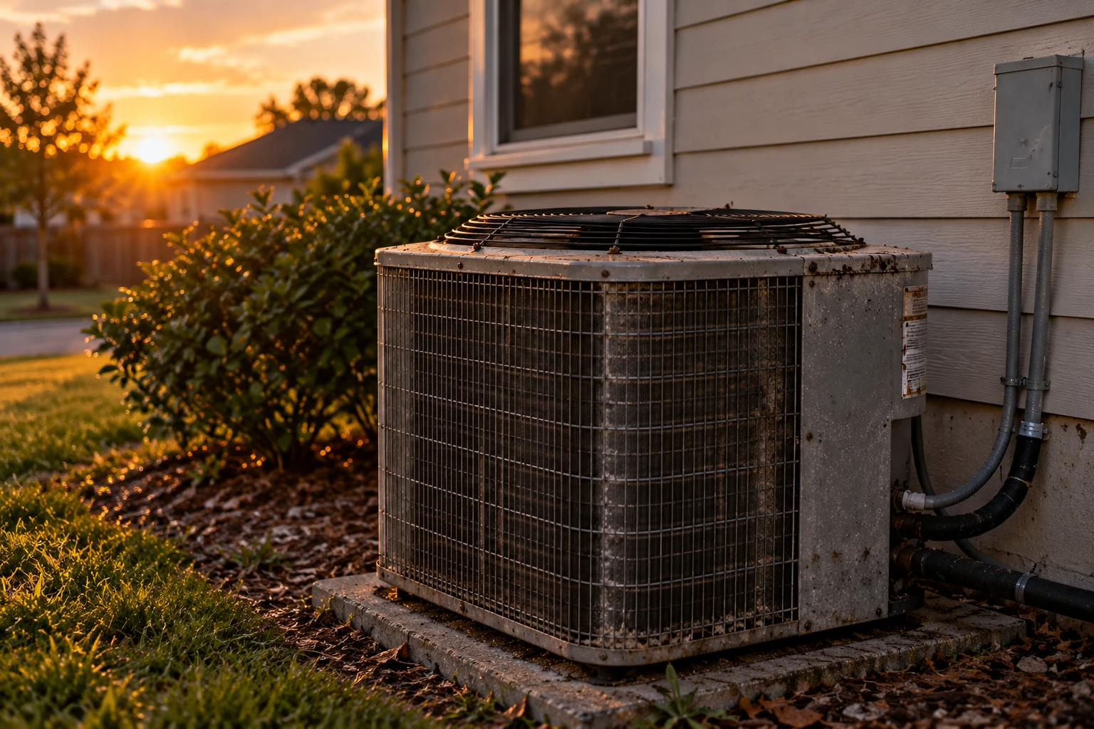 A weathered outdoor AC unit beside a house at sunset